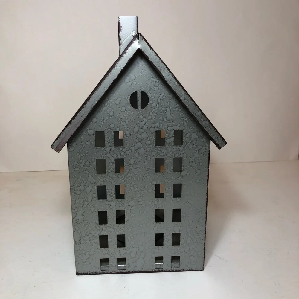 Decorative Galvantized Metal House Lantern/Candle/Votive Holder, EUC, Gray